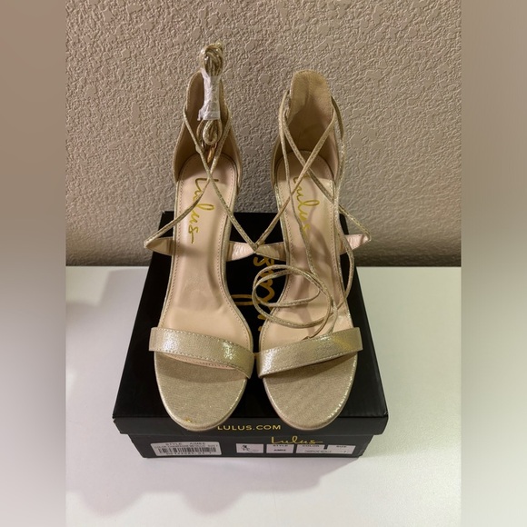 NWT Lulus Aimee Champagne Gold Metallic Lace Up Strappy Heeled Sandals 7 - Picture 6 of 10